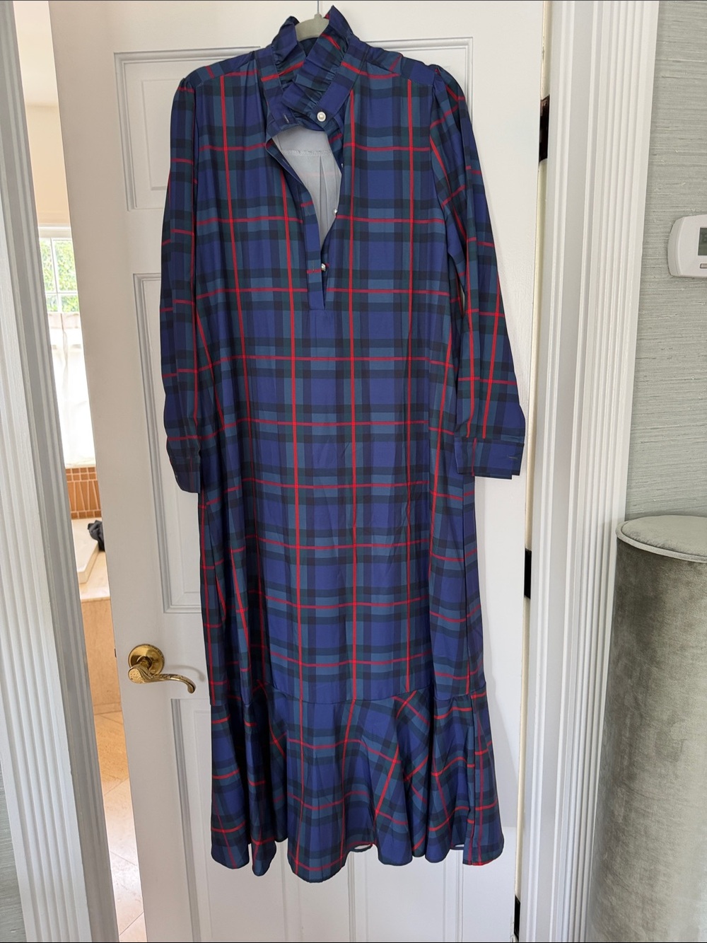 Blue Plaid Maxi Dress with Red Accents for Holiday!